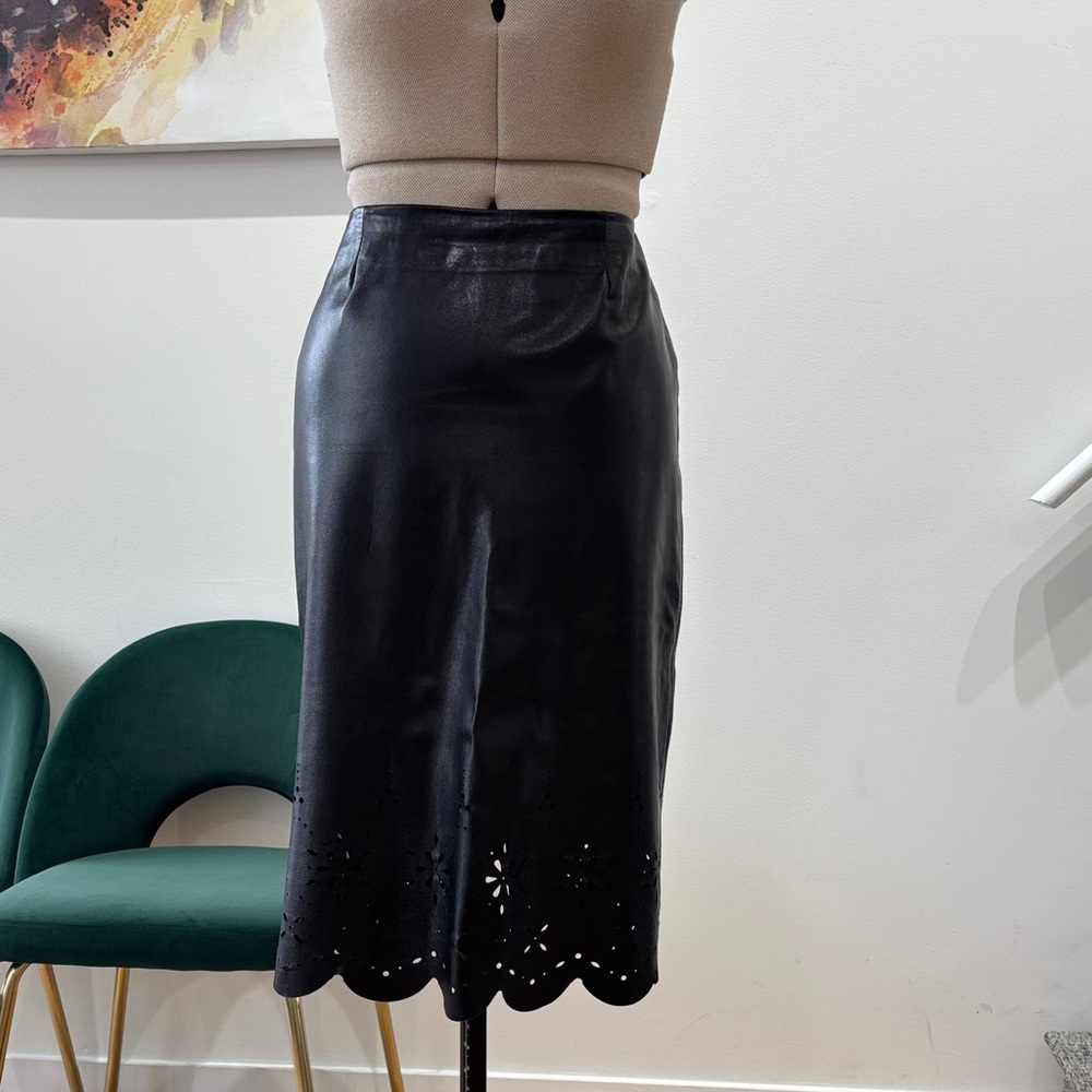 Danier Black Leather Midi Skirt with Scalloped Laser-Cut Hem